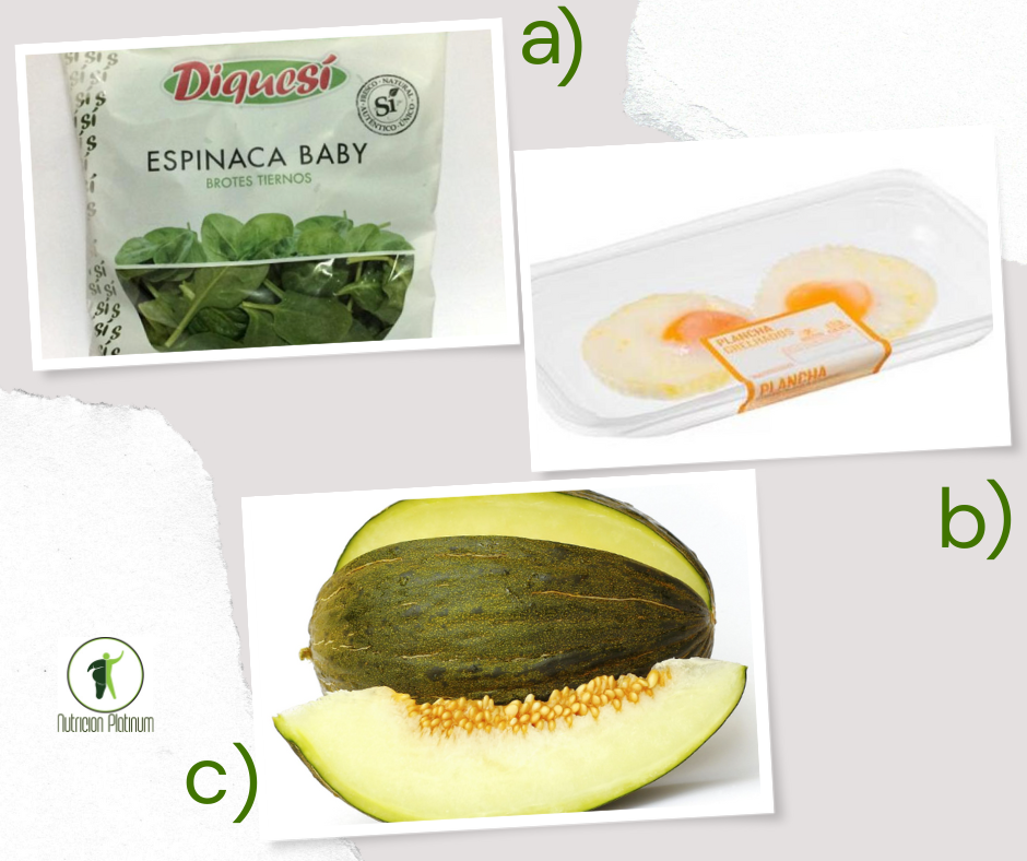 Ensalada de espinacas baby con huevos a la plancha y tajada de melón tamaño PUÑO.